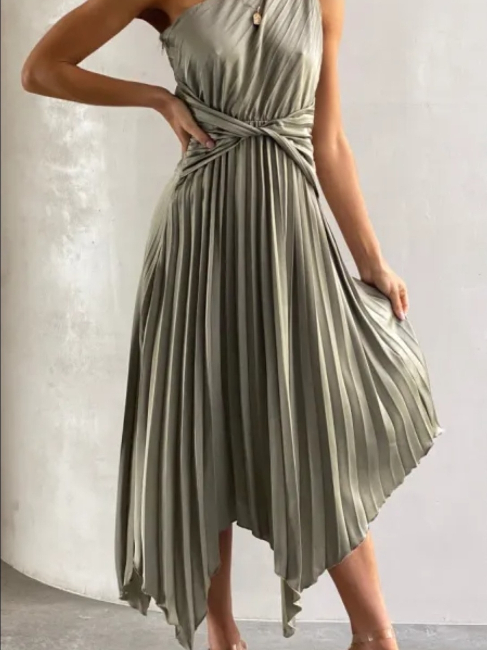 NWT Billy J Cali One Shoulder Pleated Midi Dress - Olive - XS